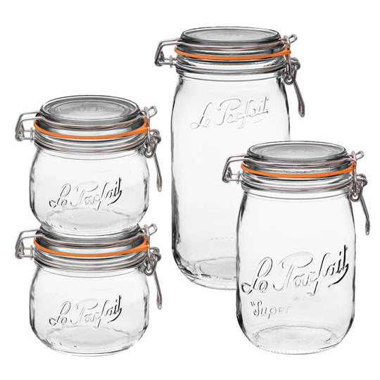 Le Parfait “Super” French Glass Preserving Jar Set (Pack of 4, Assorted Sizes) – Iconic Clip-Top, Airtight Seal banner