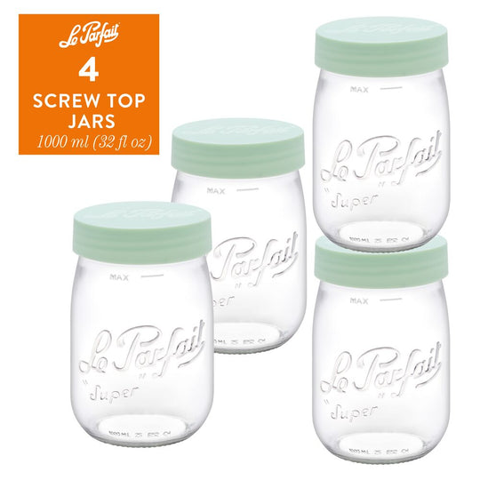 Le Parfait "Screw-Top" French Glass Storage Jars 32oz / 1L (Pack of 4) – Extra Wide Mouth, Airtight Mint Lids banner