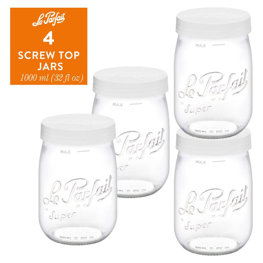 Le Parfait "Screw-Top" French Glass Storage Jars 32oz / 1L (Pack of 4) – Extra Wide Mouth, Airtight White Lids banner