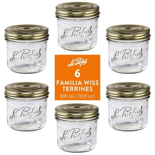Le Parfait “Familia Wiss” French Glass Terrine Jars 16oz / 500ml (Pack of 6) – Wide Mouth, 2-Piece Airtight Gold Lids banner