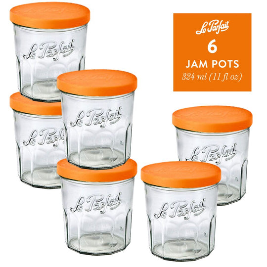Le Parfait "Jam Pot" French Glass Jars 11oz / 324ml (Pack of 6) – Faceted Working Glasses with Snap Covers banner