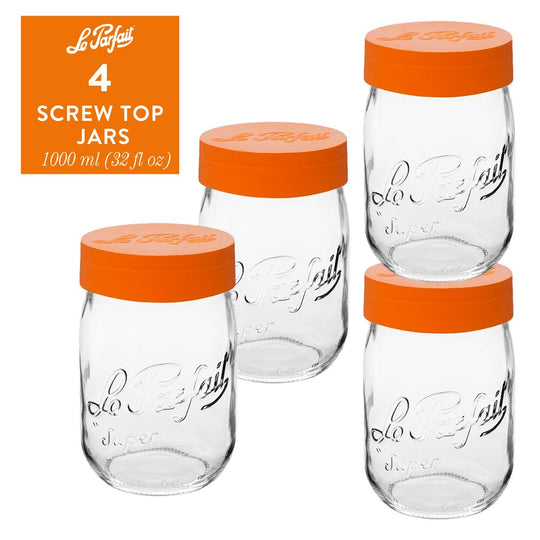 Le Parfait "Screw-Top" French Glass Storage Jars 32oz / 1L (Pack of 4) – Extra Wide Mouth, Airtight Orange Lids banner