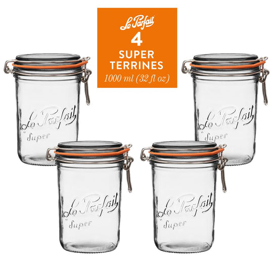 Le Parfait “Super Terrine” French Glass Preserving Jars 32oz / 1L (Pack of 4) – Clip-Top, Airtight Rubber Seal banner