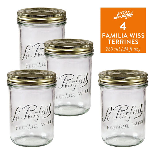 Le Parfait “Familia Wiss” French Glass Terrine Jars 24oz / 750ml (Pack of 4) – Wide Mouth, 2-Piece Airtight Gold Lids banner