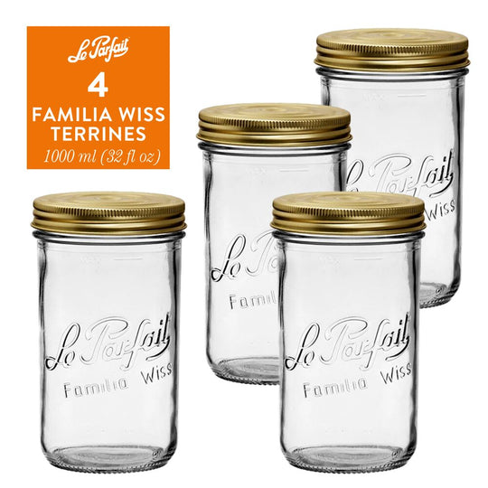 Le Parfait “Familia Wiss” French Glass Terrine Jars 32oz / 1L (Pack of 4) – Wide Mouth, 2-Piece Airtight Gold Lids banner