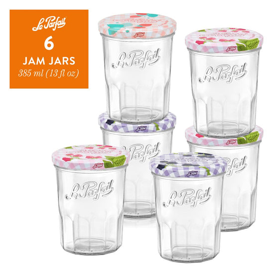 Le Parfait French Glass "Jam Jars" 13oz / 385ml (Pack of 6) – Faceted Design with Assorted Fruit Twist-Off Lids banner