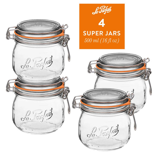 Le Parfait “Super” French Glass Preserving Jars 16oz / 500ml (Pack of 4) – Clip-Top, Airtight Rubber Seal banner